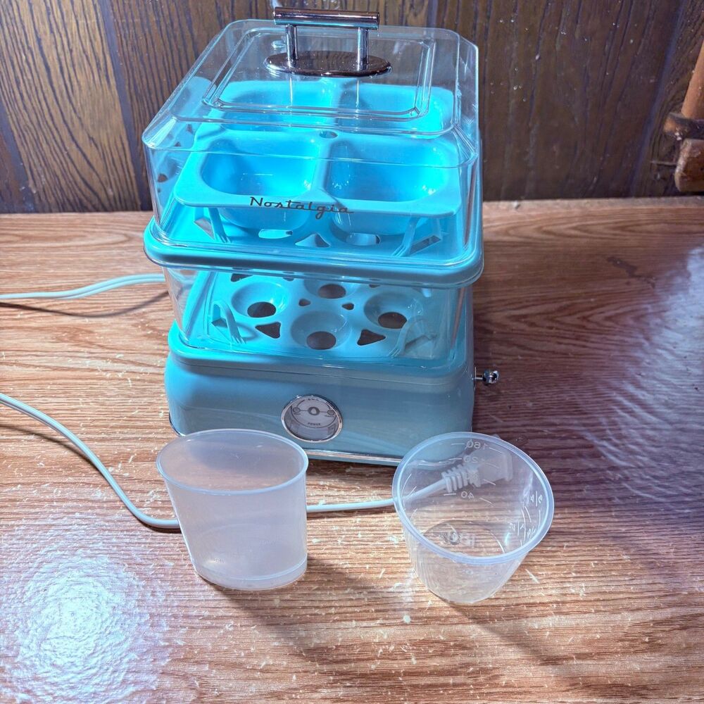 Nostalgia Egg Cooker Blue Cool-Touch Handles Built-In Timer Poaching Tray 14-Egg